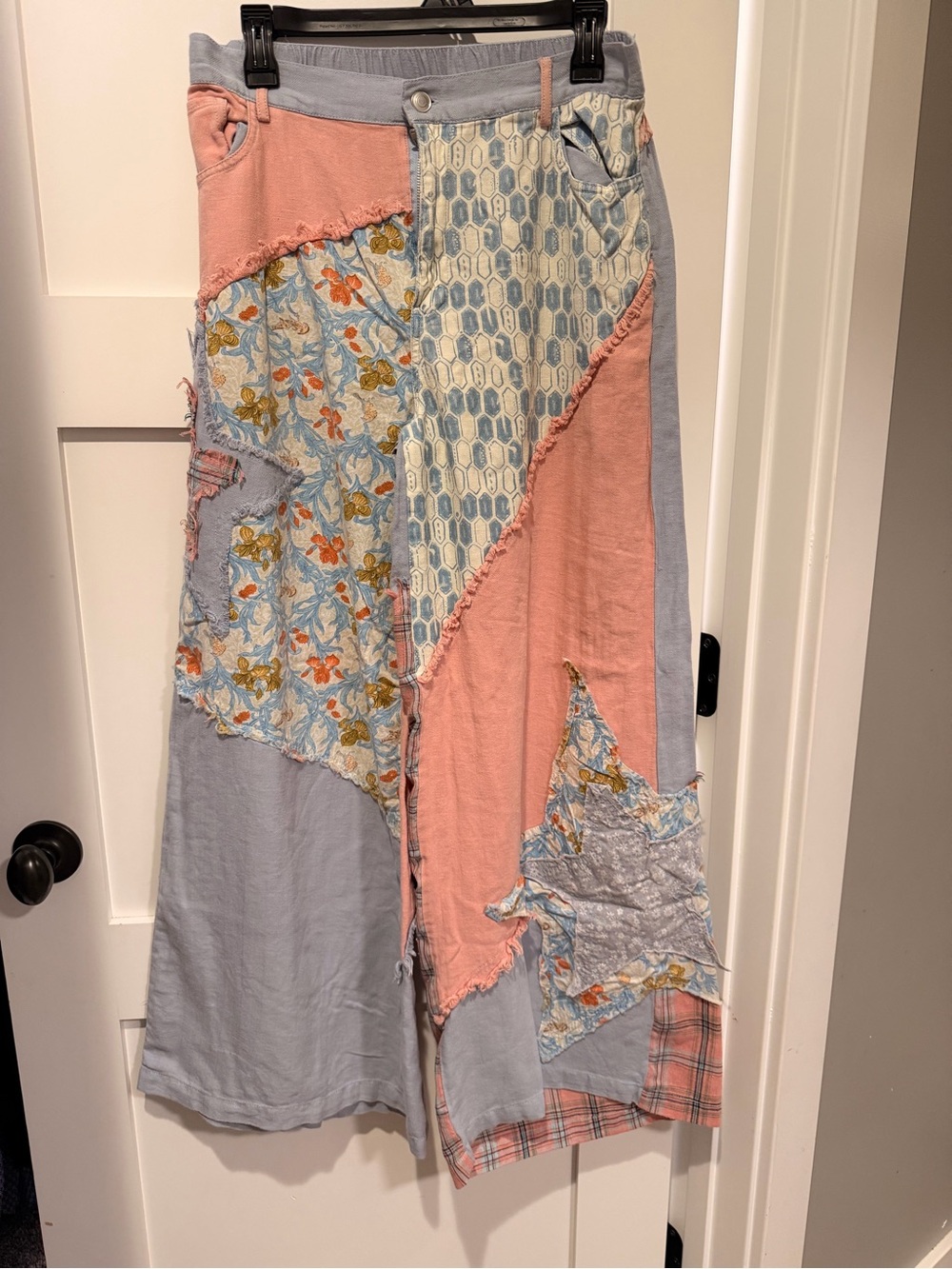 Blue Velvet-Patchwork Pink and Light Blue Women's Pants